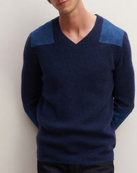 RECO235Pull Col V À Patchs Denim - Bleu Nocturne