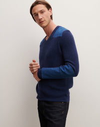 RECO235Pull Col V À Patchs Denim - Bleu Nocturne