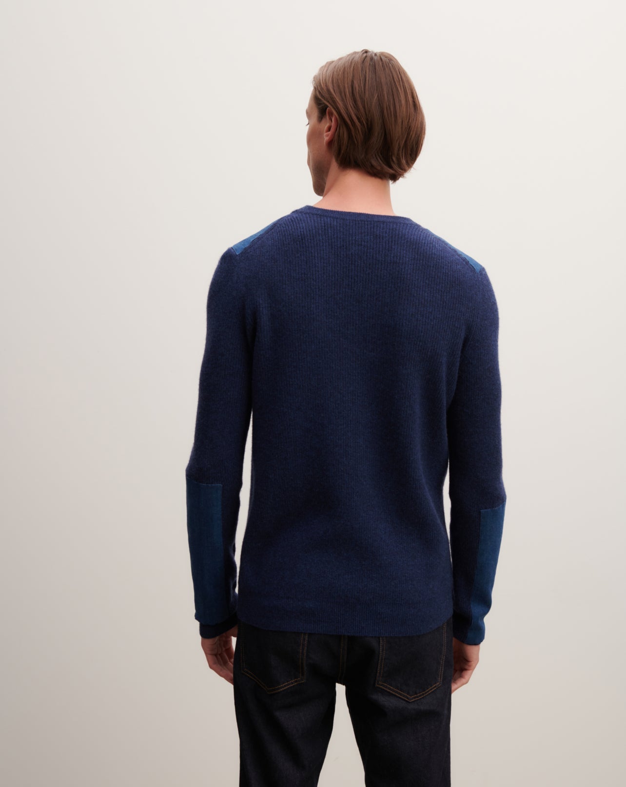 RECO235Pull Col V À Patchs Denim - Bleu Nocturne