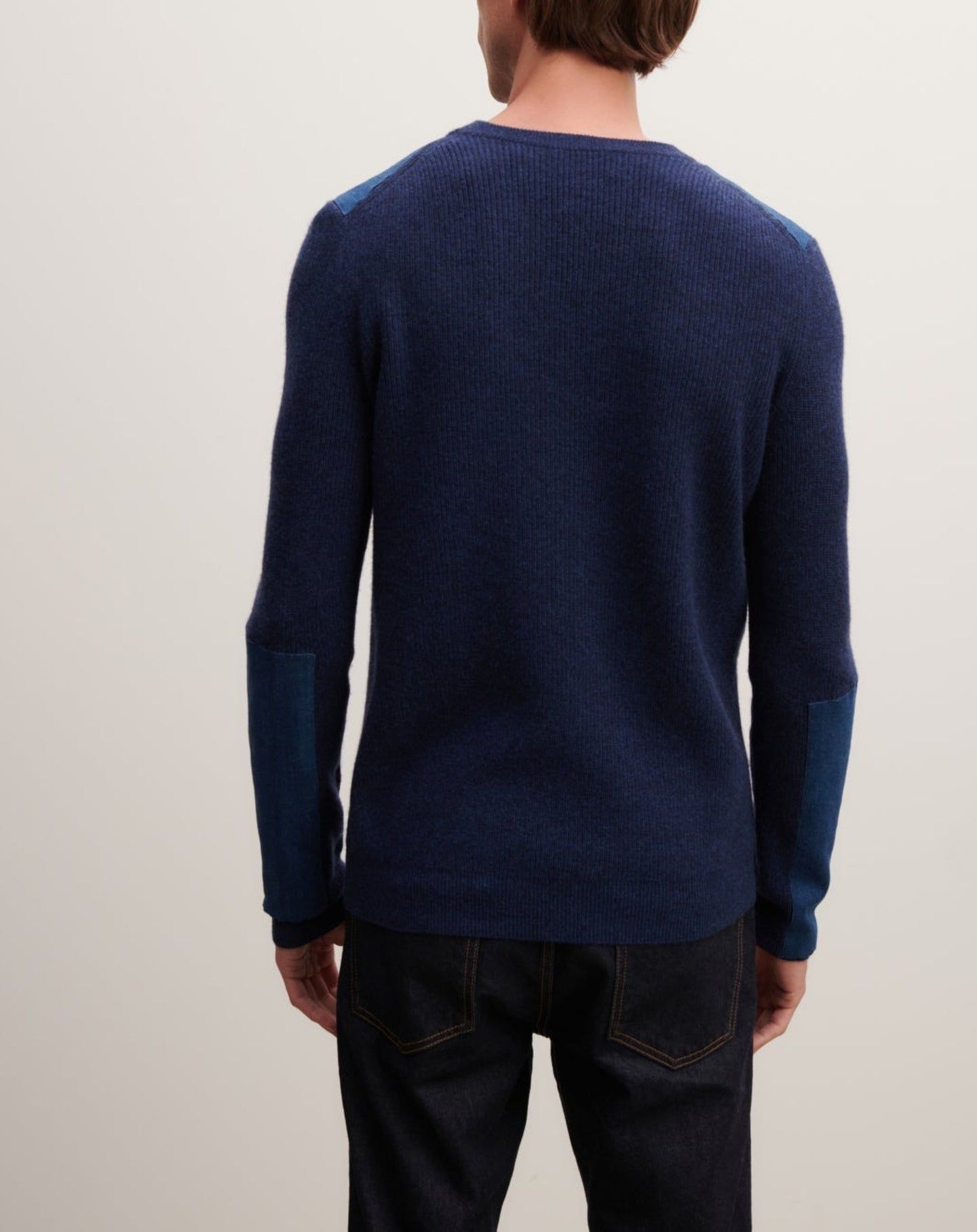 RECO235Pull Col V À Patchs Denim - Bleu Nocturne