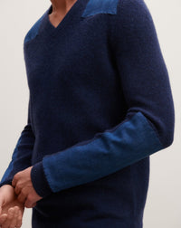 RECO235Pull Col V À Patchs Denim - Bleu Nocturne