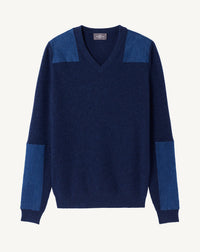 RECO235Pull Col V À Patchs Denim - Bleu Nocturne