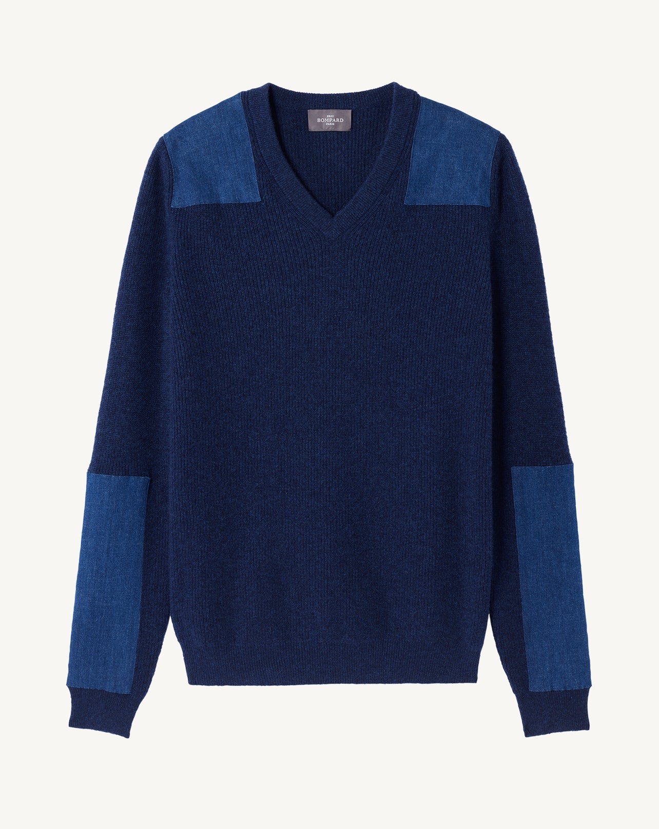 RECO235Pull Col V À Patchs Denim - Bleu Nocturne