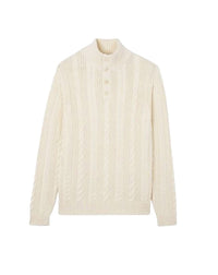 Pull col montant boutonné à torsades en coton -  Naturel
