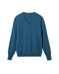 Pull col V en cachemire -  Bleu Uniforme