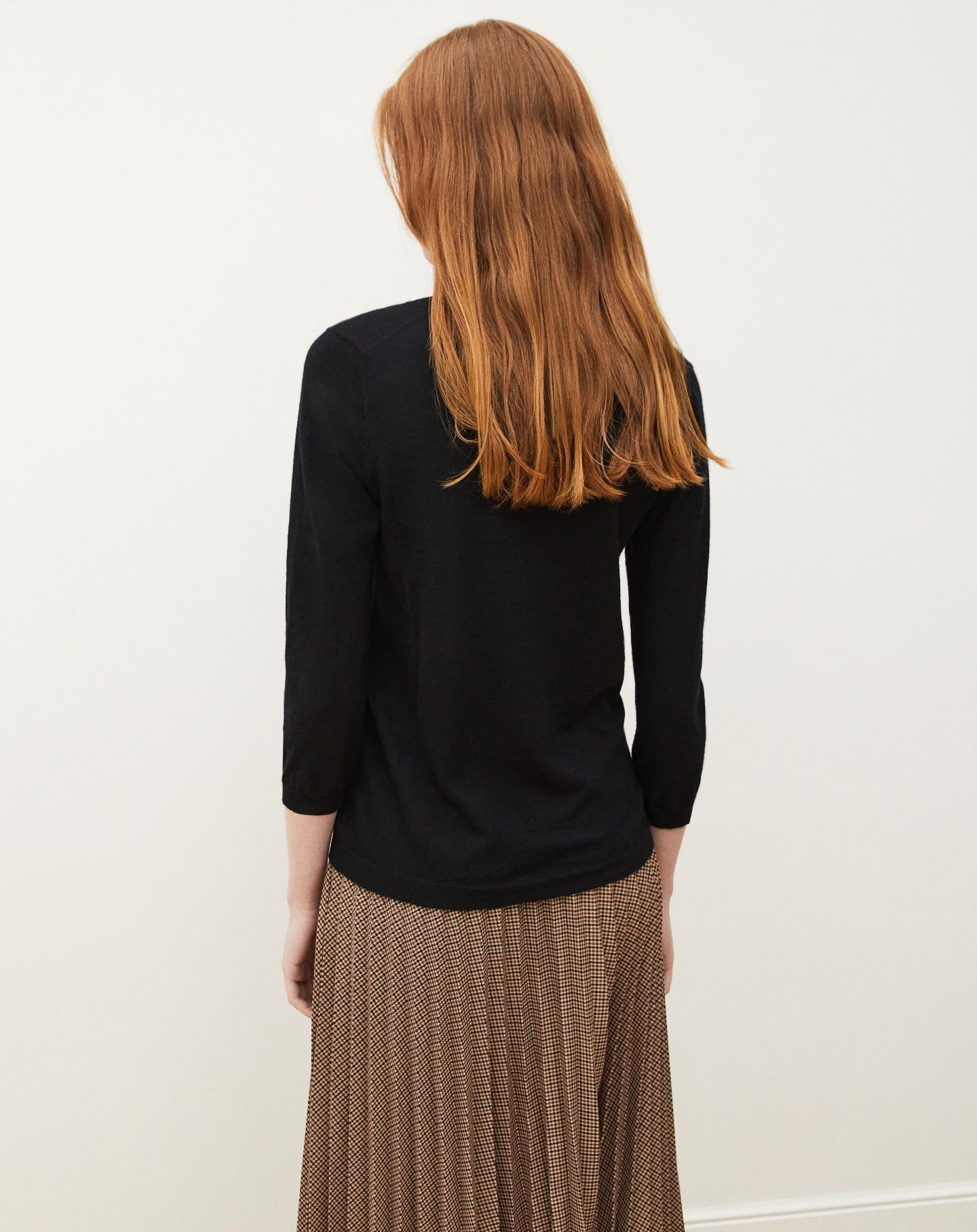 Pull col rond ultrafin à manches 3/4 en cachemire -  Noir