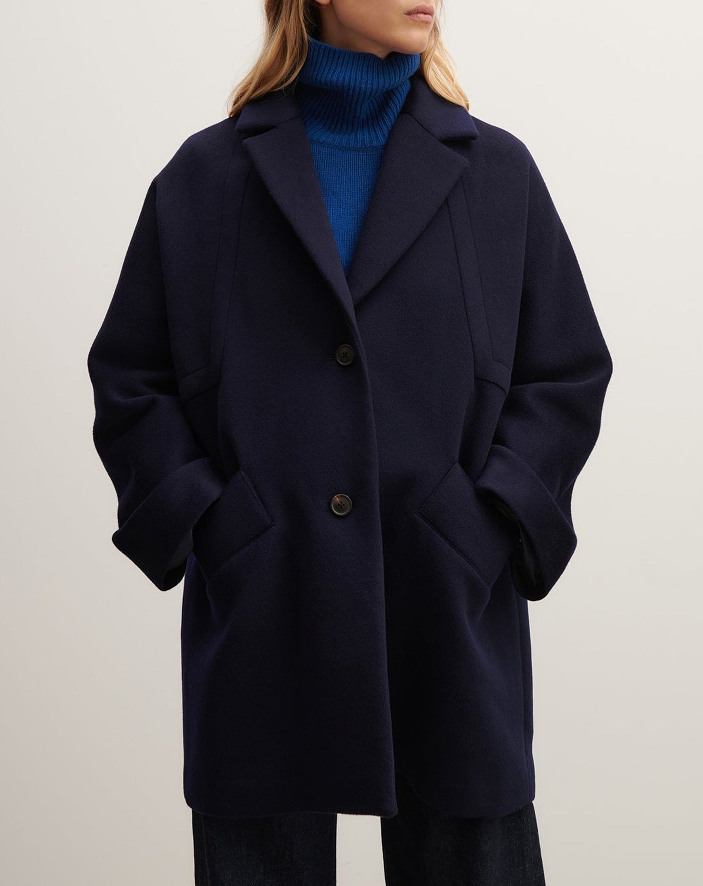 RECO595Manteau Oversize Double Face Découpes Géométriques - Marine