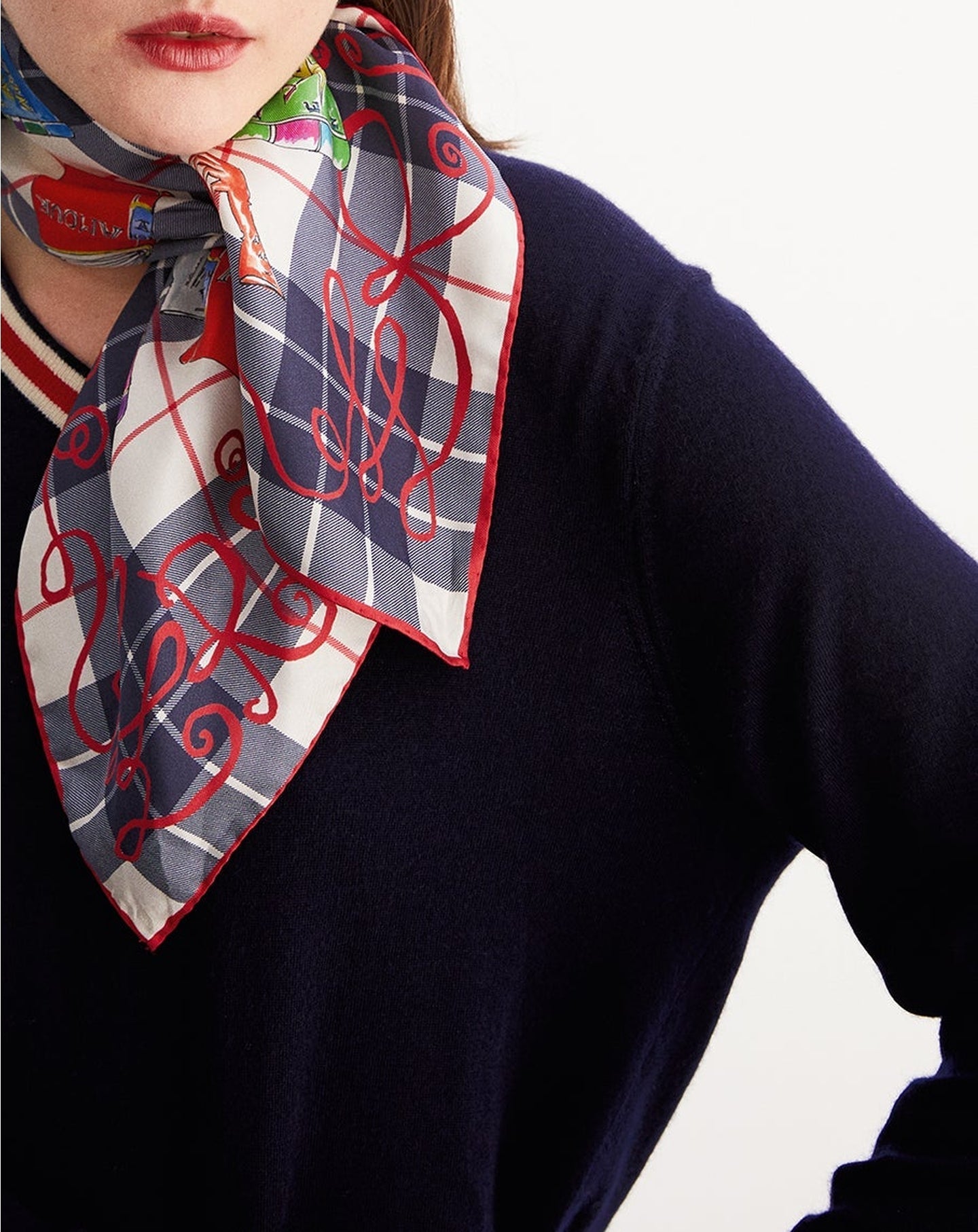 Tartan and book print silk square - Natural