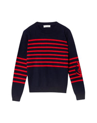 Intarsia cashmere stripe crew neck jumper - Navy & Ruby