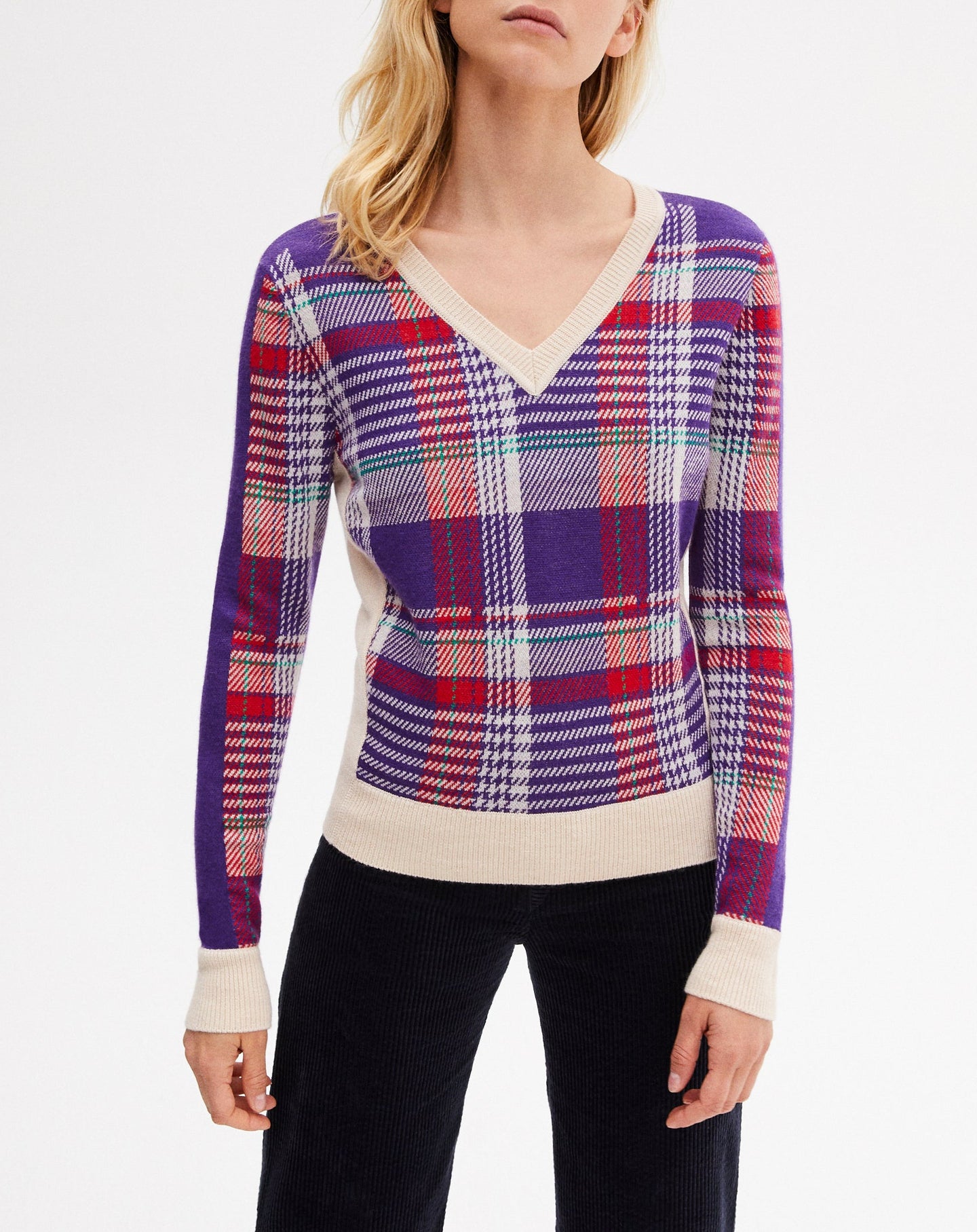 Wool and cashmere Tartan Place jacquard V-neck jumper - Rubis & Crocus