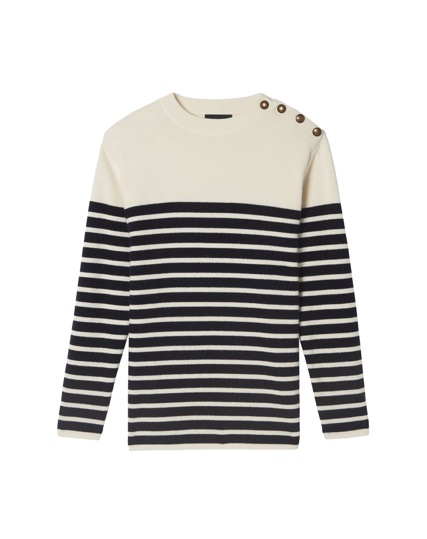 Striped cashmere and wool buttoned crew neck jumper - Natural & Navy