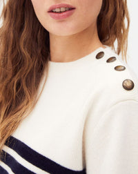 Striped cashmere and wool buttoned crew neck jumper - Natural & Navy