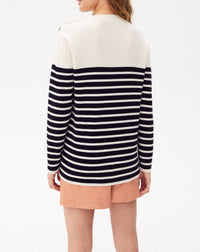 Striped cashmere and wool buttoned crew neck jumper - Natural & Navy