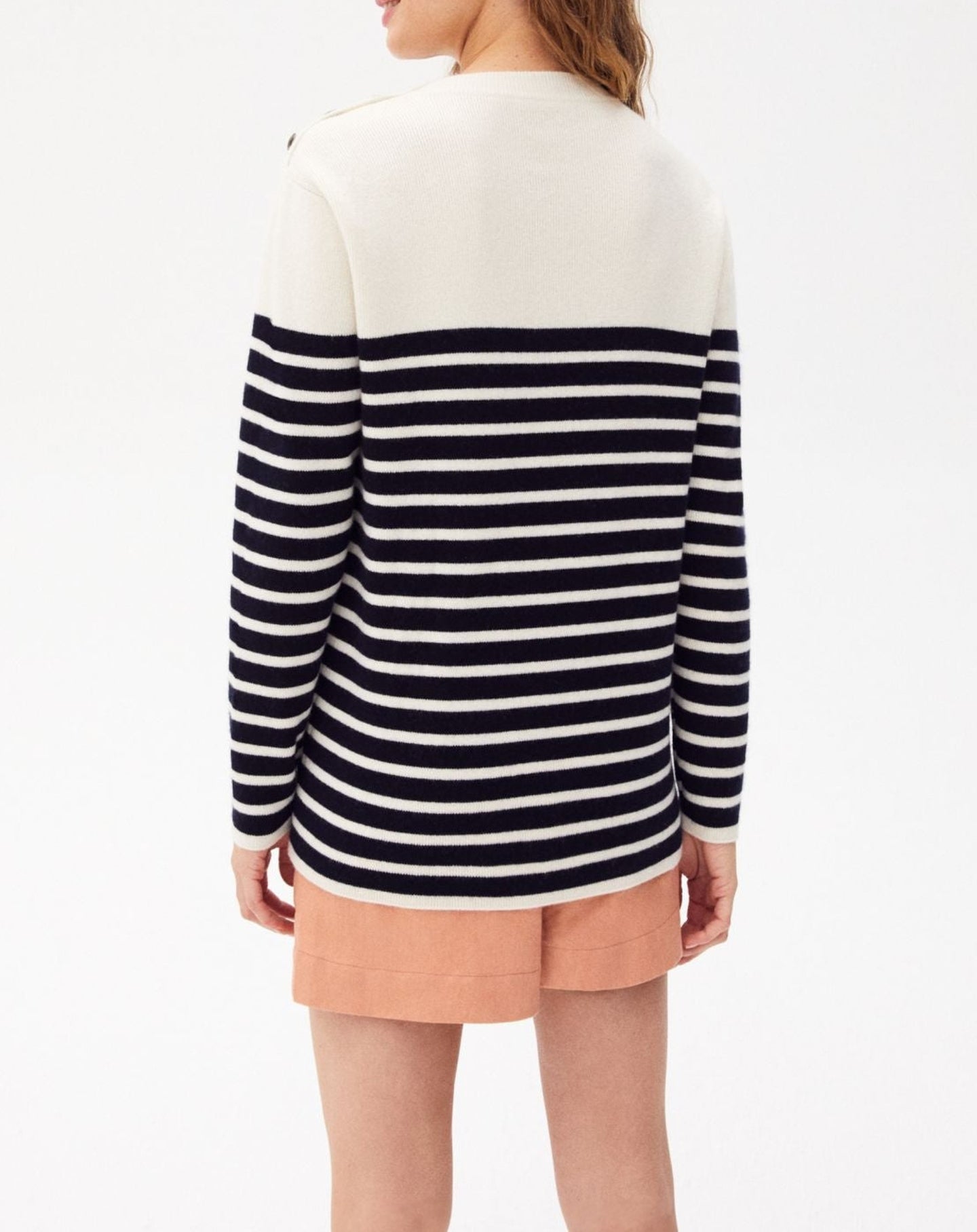 Striped cashmere and wool buttoned crew neck jumper - Natural & Navy