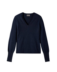 Slim-fit V-neck jumper with split cuffs in cashmere and silk - Navy