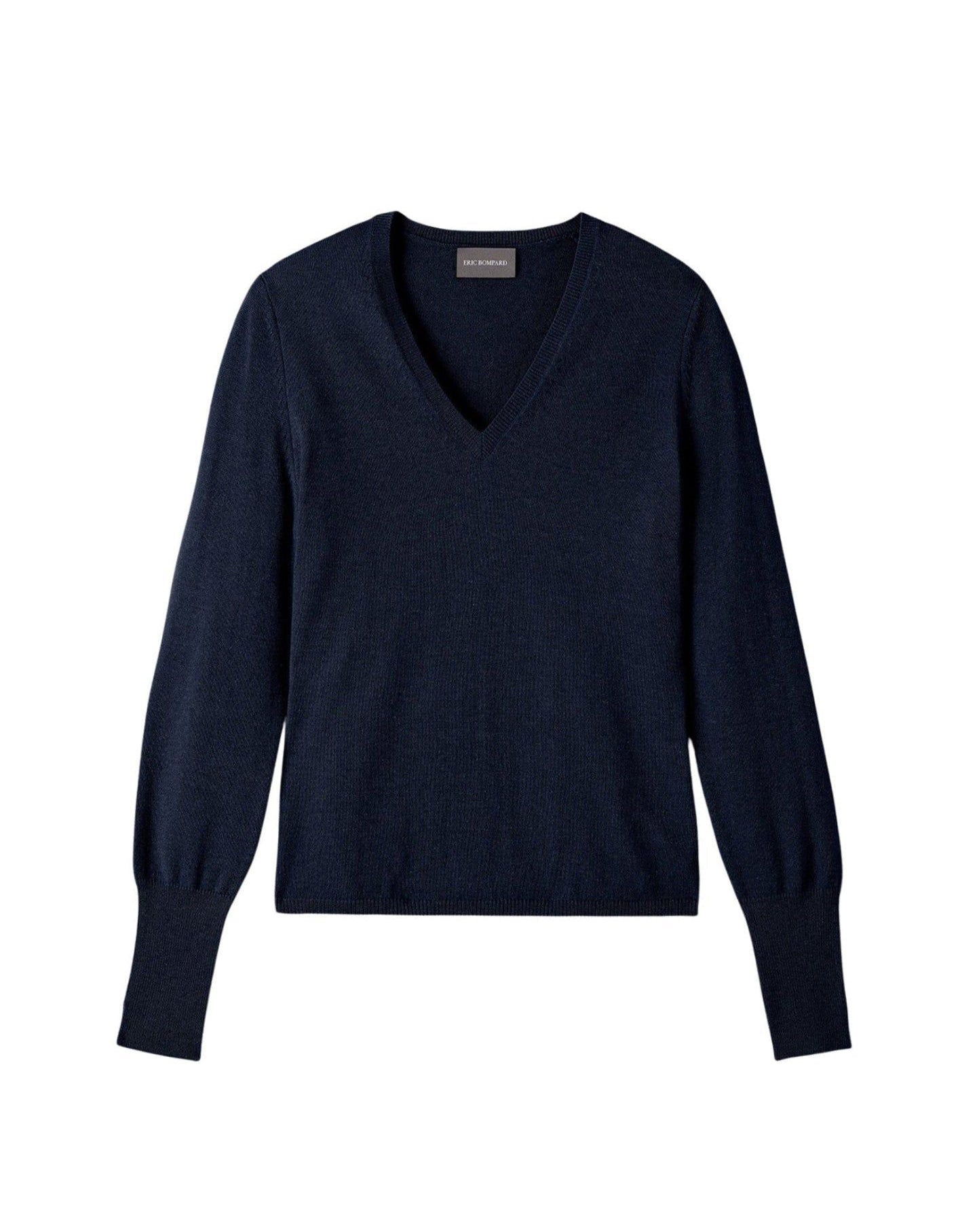 Slim-fit V-neck jumper with split cuffs in cashmere and silk - Navy