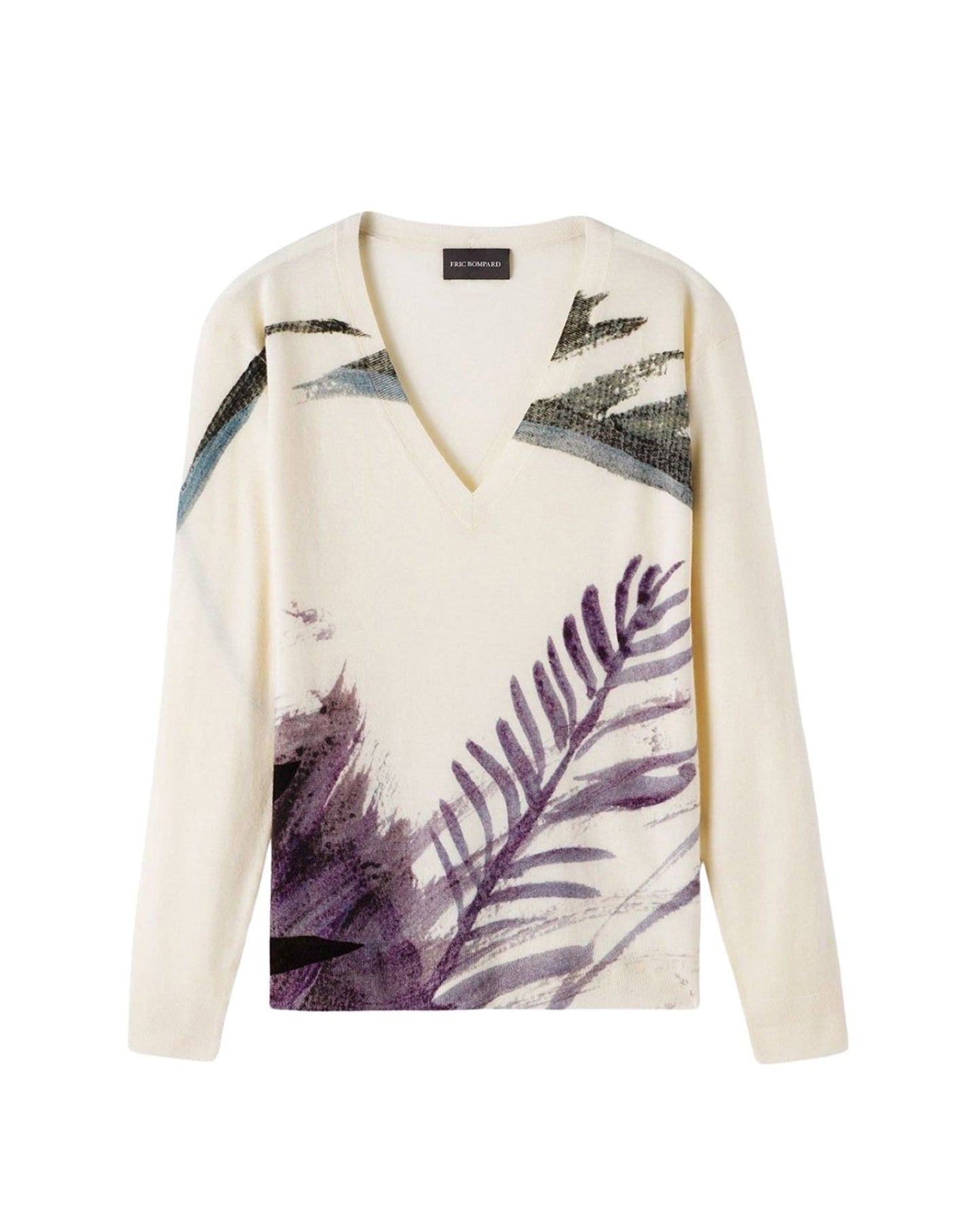 Cashmere flower print V-neck jumper - Natural