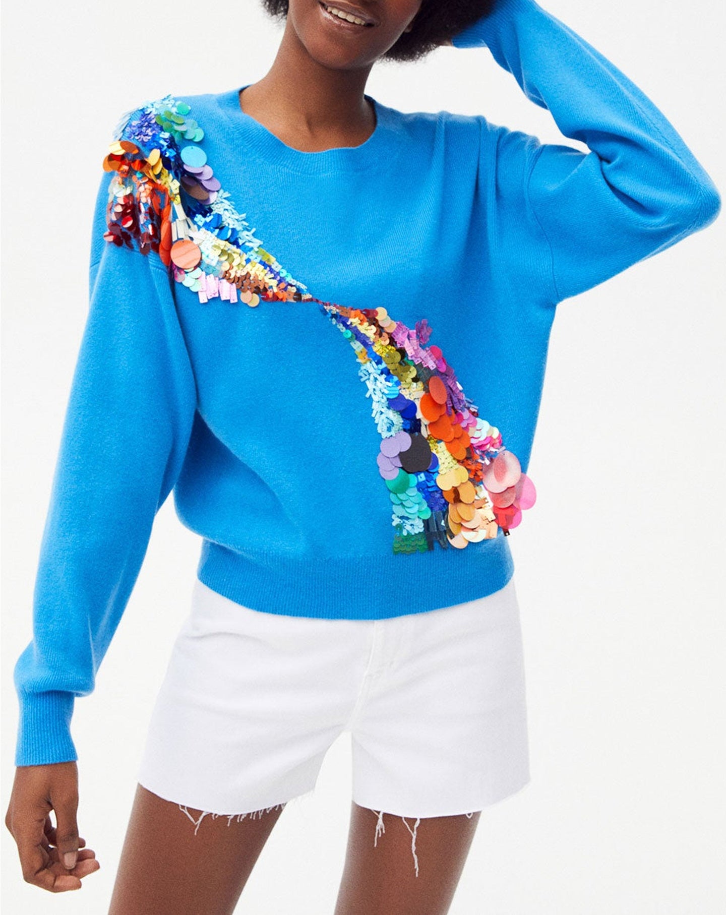 Pull ras de cou Vagues arc-en-ciel en cachemire - Santorin