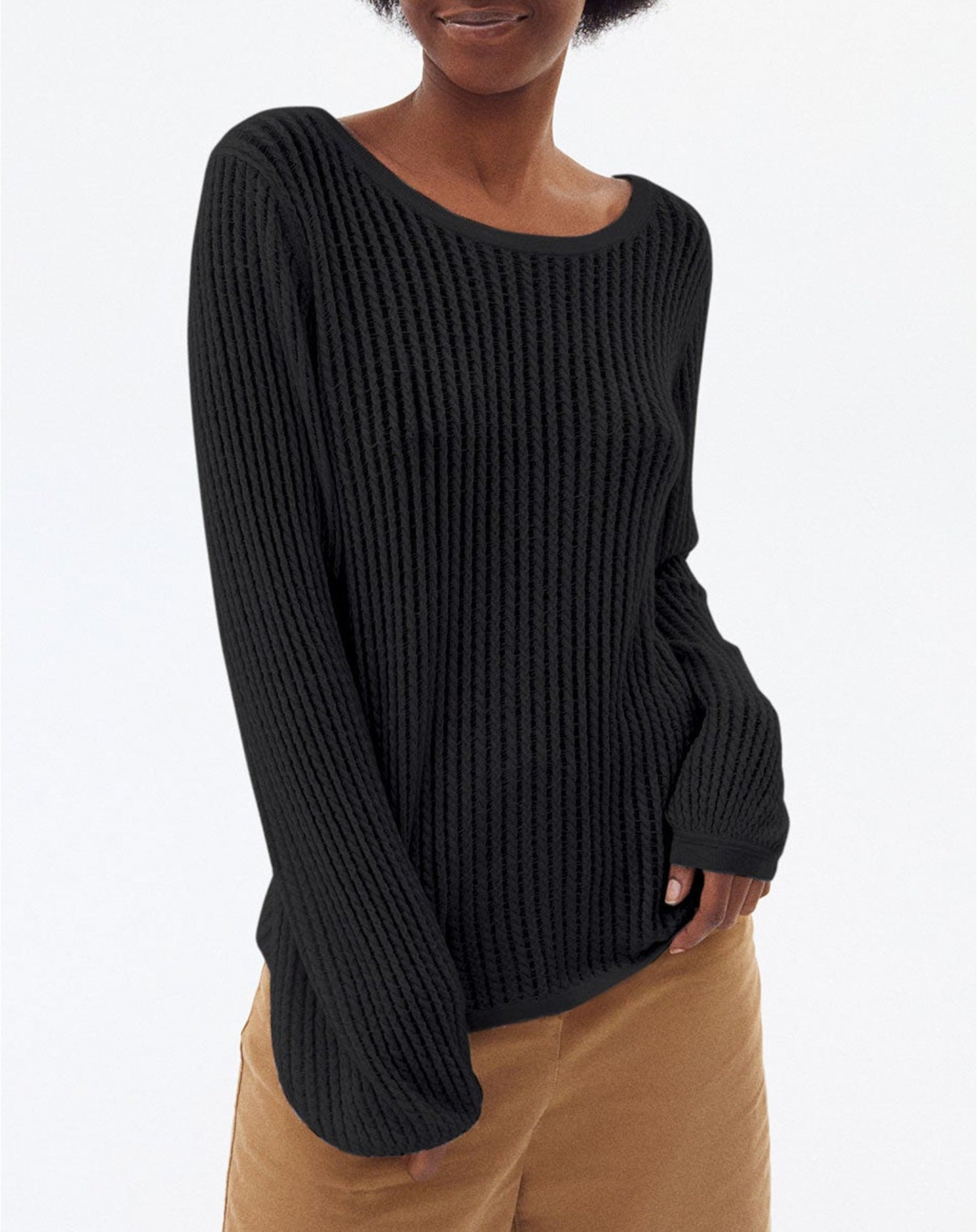 Pull ras de cou à torsades ajourées en cachemire - Noir