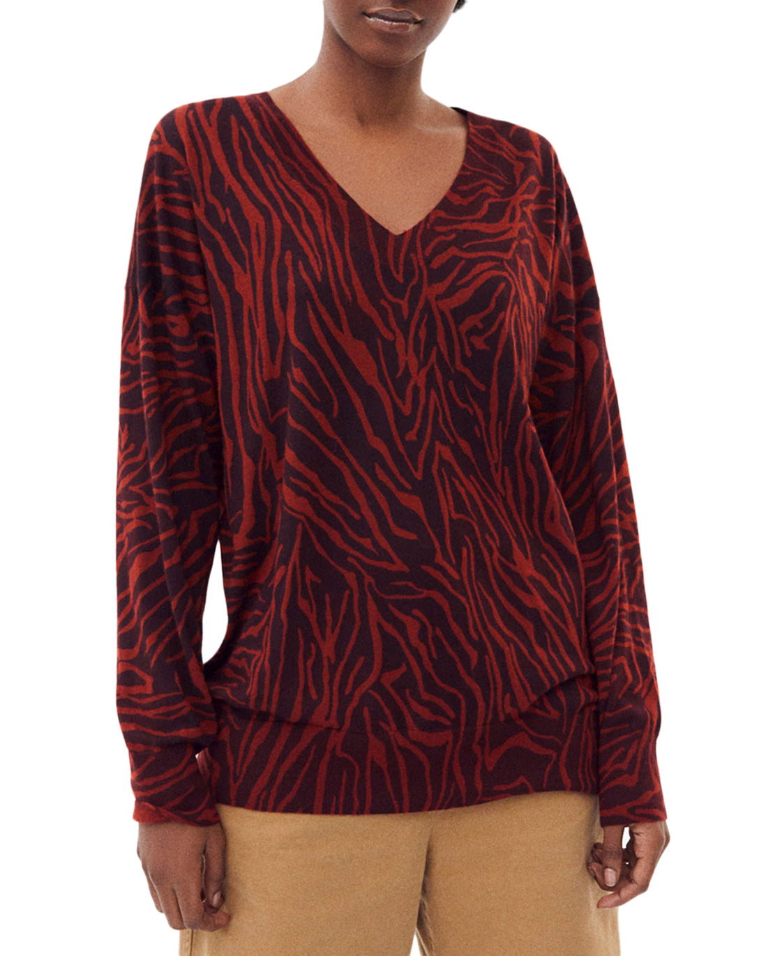 Zebra print V jumper in cashmere - Coriander & Black