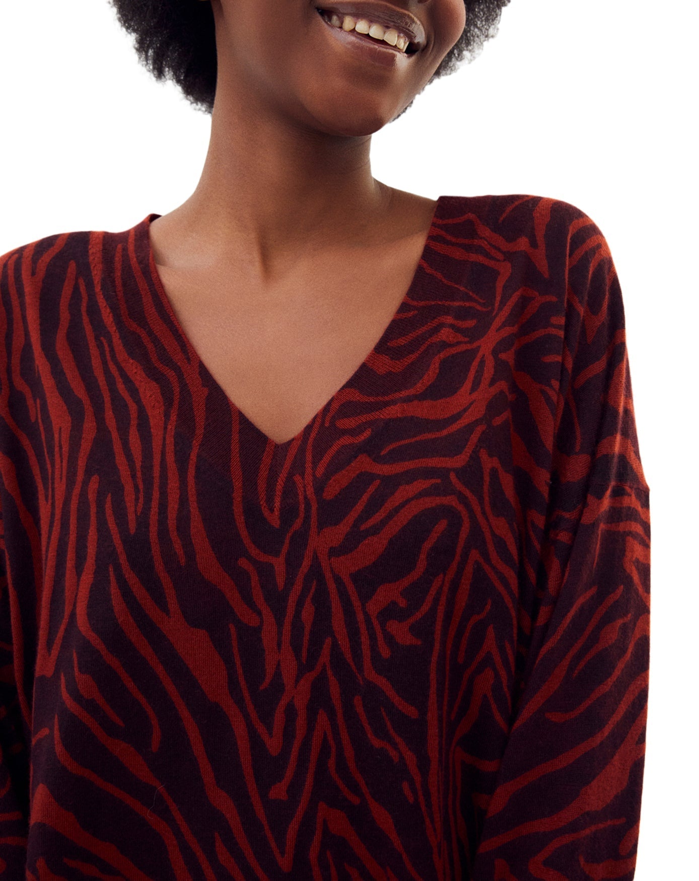 Zebra print cashmere V jumper - Piment & Sangria