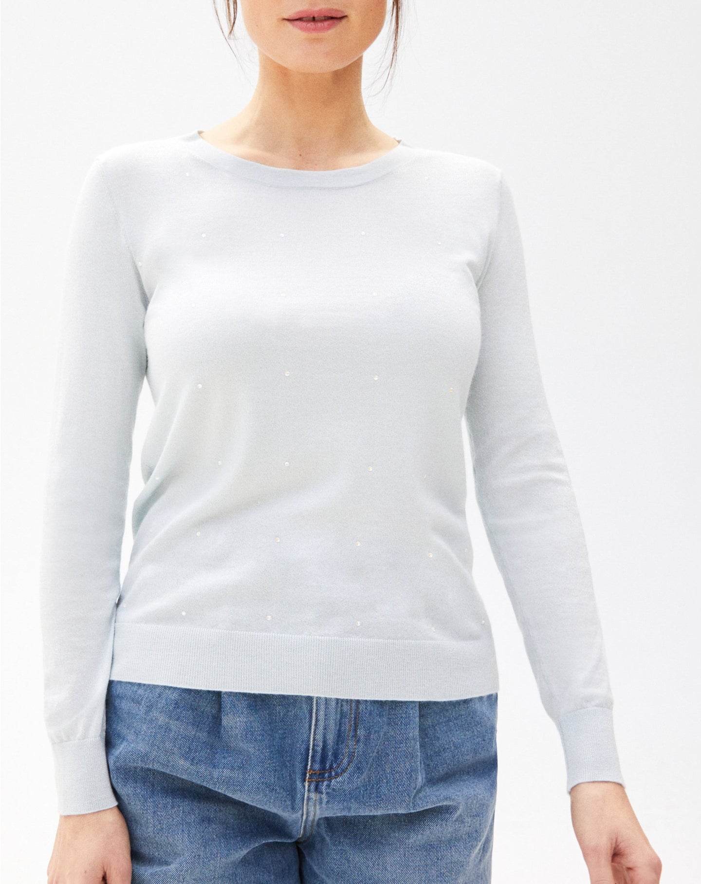 Pull ras de cou Strass cristal en cachemire et soie - Vert d'Eau