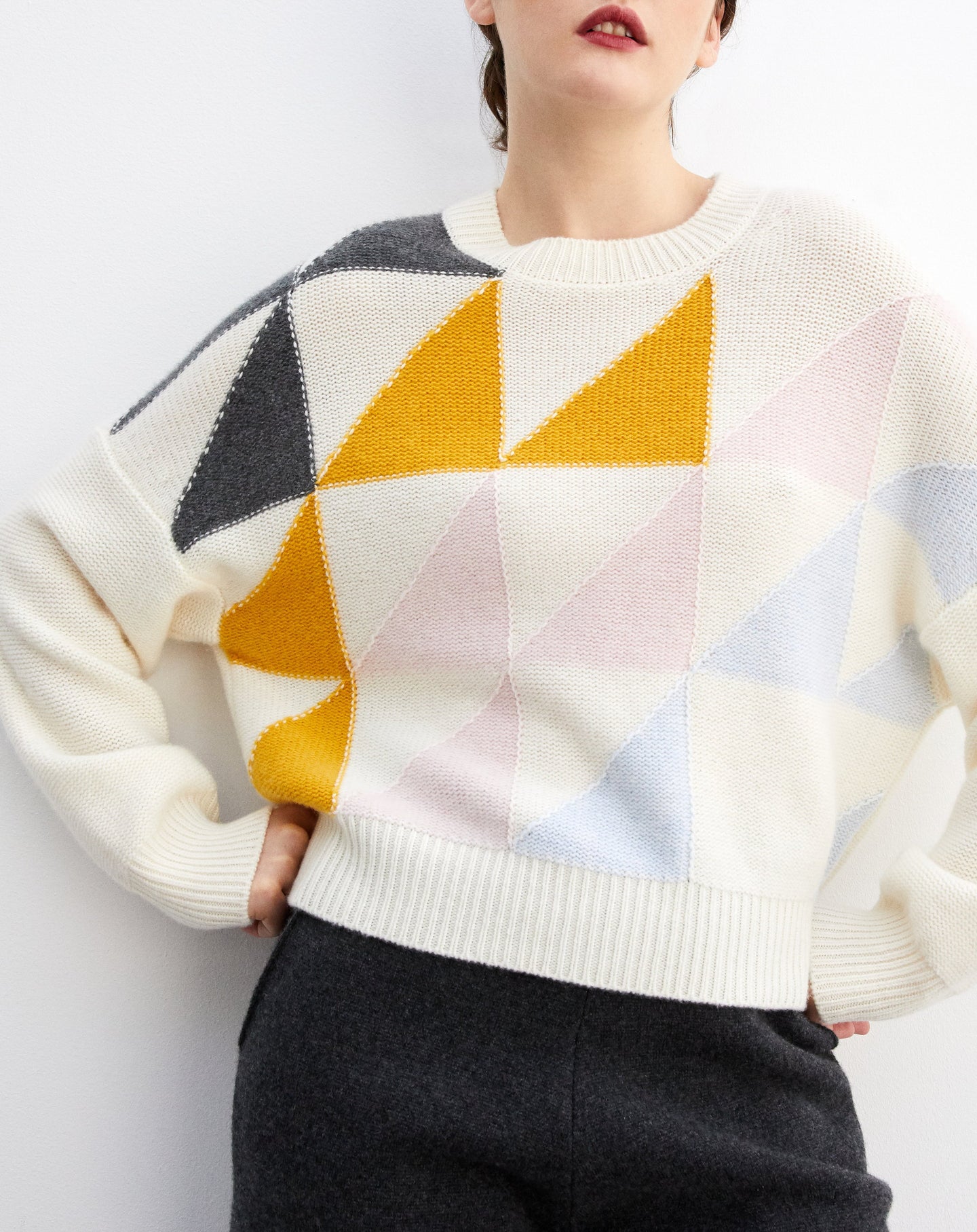 Pull ras de cou ample Intarsia géométrique en cachemire - Naturel