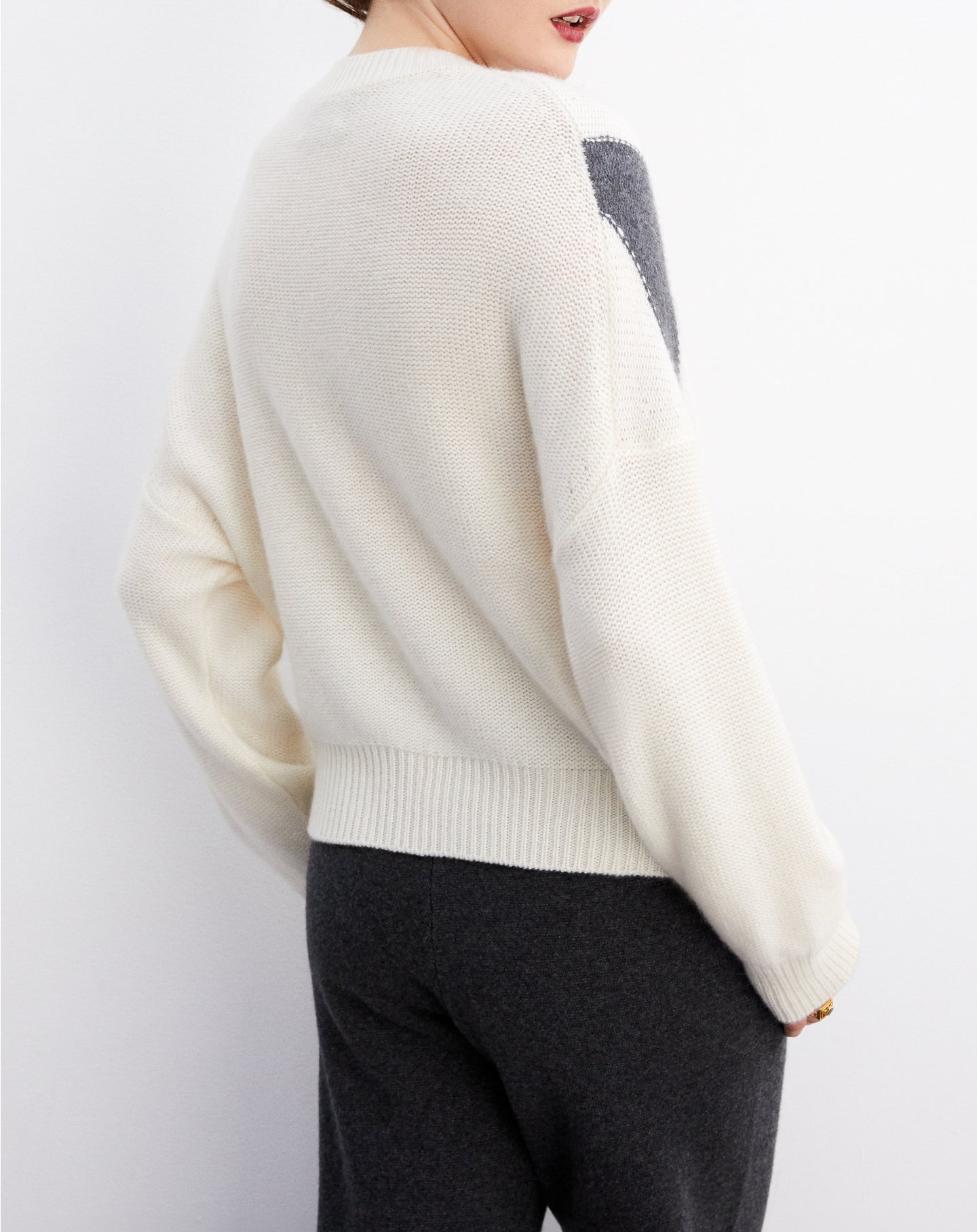 Pull ras de cou ample Intarsia géométrique en cachemire - Naturel