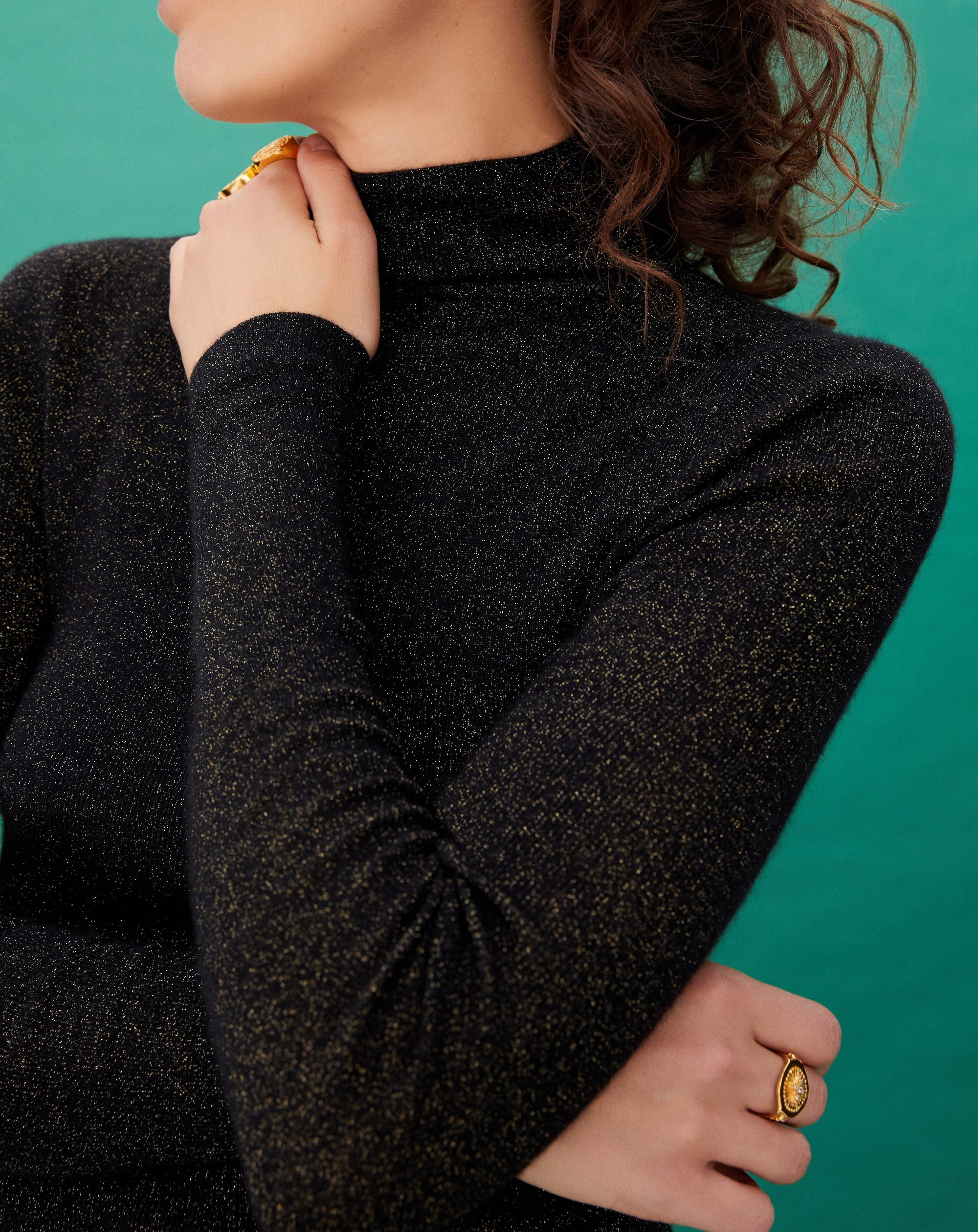 Cashmere and silk metallic seamless turtleneck jumper - Black