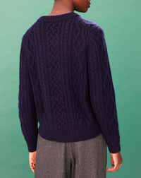 Pull ras de cou ample à torsades Aran en cachemire - Marine