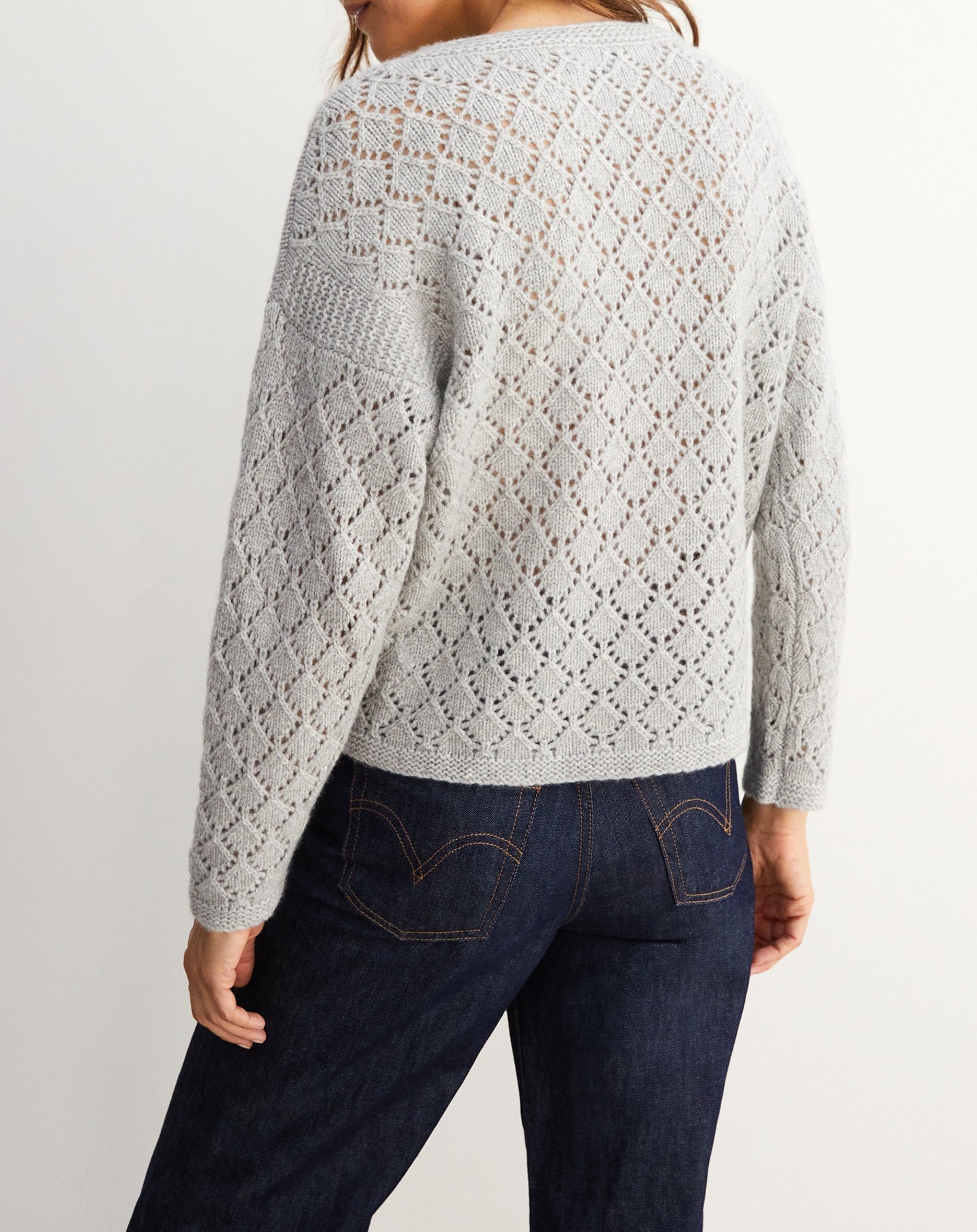 Pointelle loose V cashmere jumper - Silver Grey