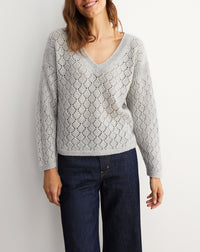 Pointelle loose V cashmere jumper - Silver Grey