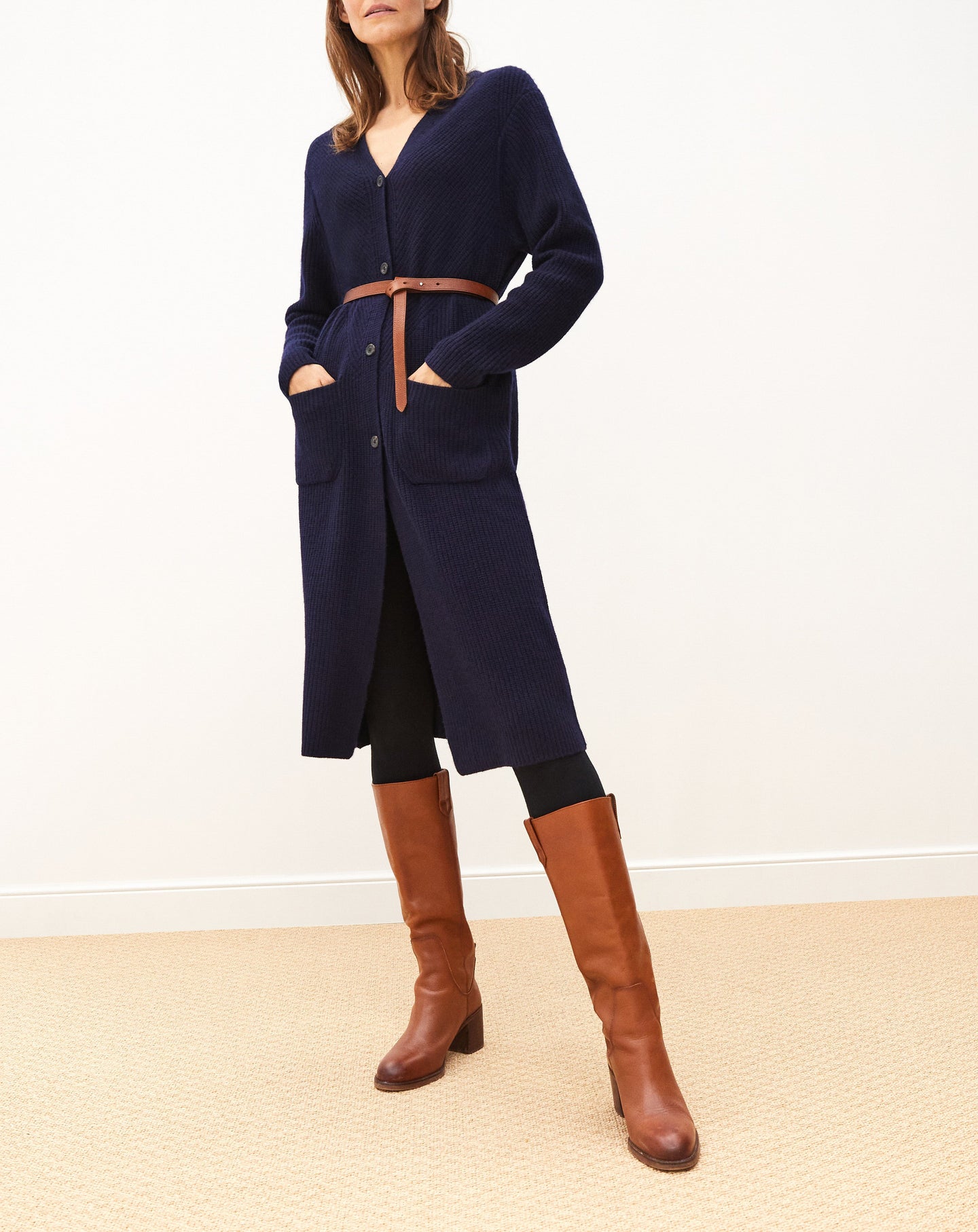 Gilet long à poches en cachemire - Marine
