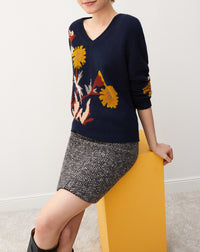 Intarsia wild thistle loose-fitting V-neck cashmere jumper - Navy