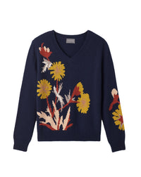 Intarsia wild thistle loose-fitting V-neck cashmere jumper - Navy