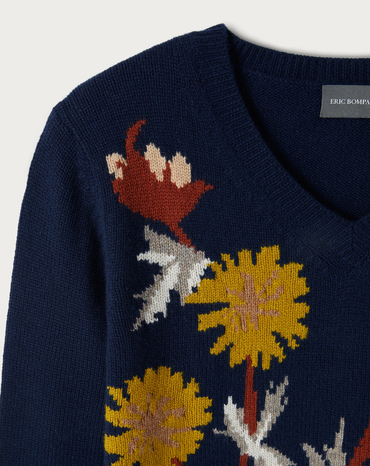 Intarsia wild thistle loose-fitting V-neck cashmere jumper - Navy