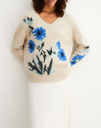 Intarsia wild thistle cashmere loose V-neck jumper - Oats