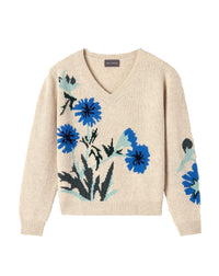 Intarsia wild thistle cashmere loose V-neck jumper - Oats