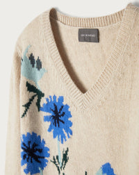 Intarsia wild thistle cashmere loose V-neck jumper - Oats