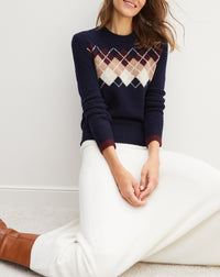 Pull ras de cou Intarsia argyle place en cachemire - Marine