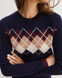 Pull ras de cou Intarsia argyle place en cachemire - Marine