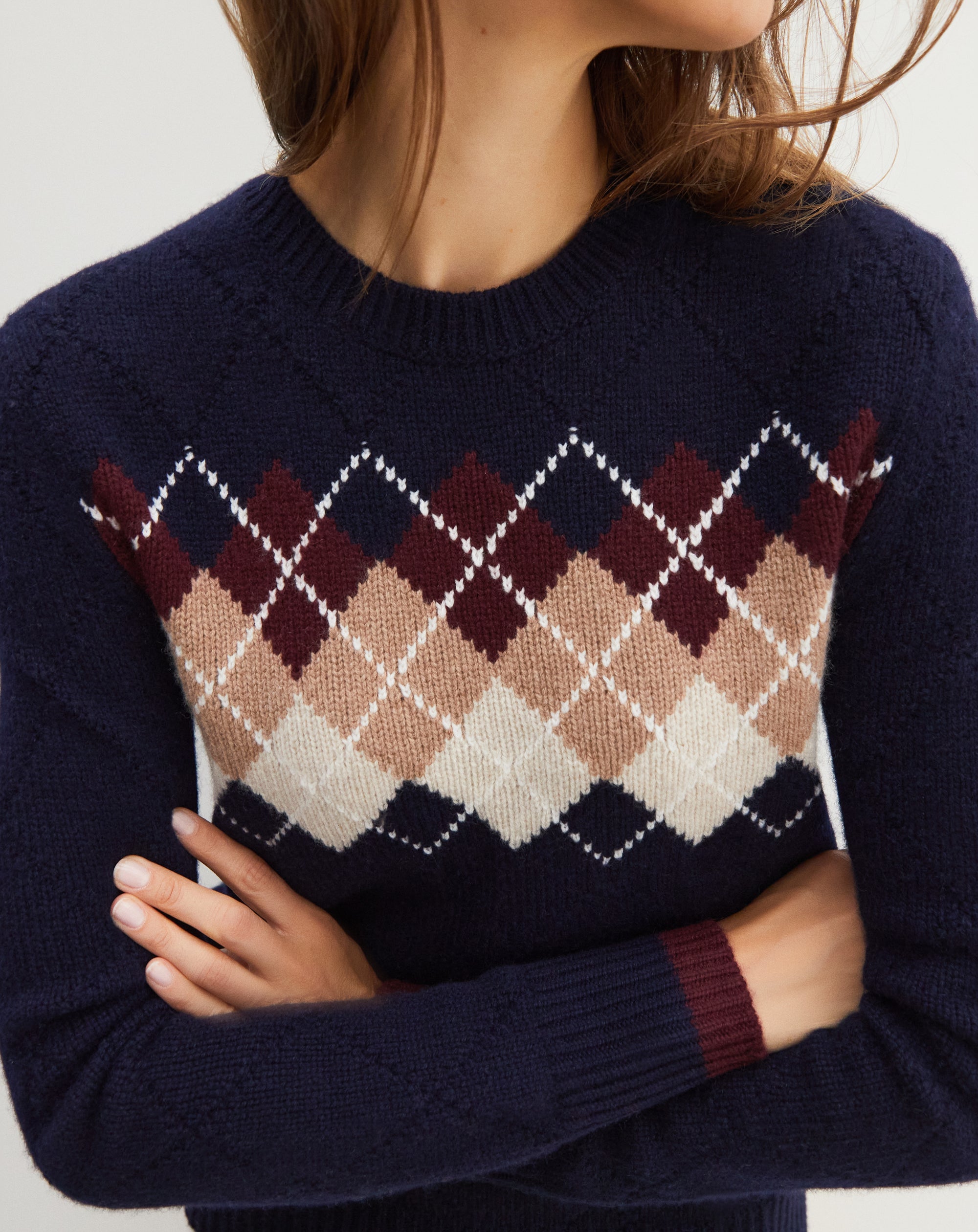 Pull ras de cou Intarsia argyle place en cachemire - Marine