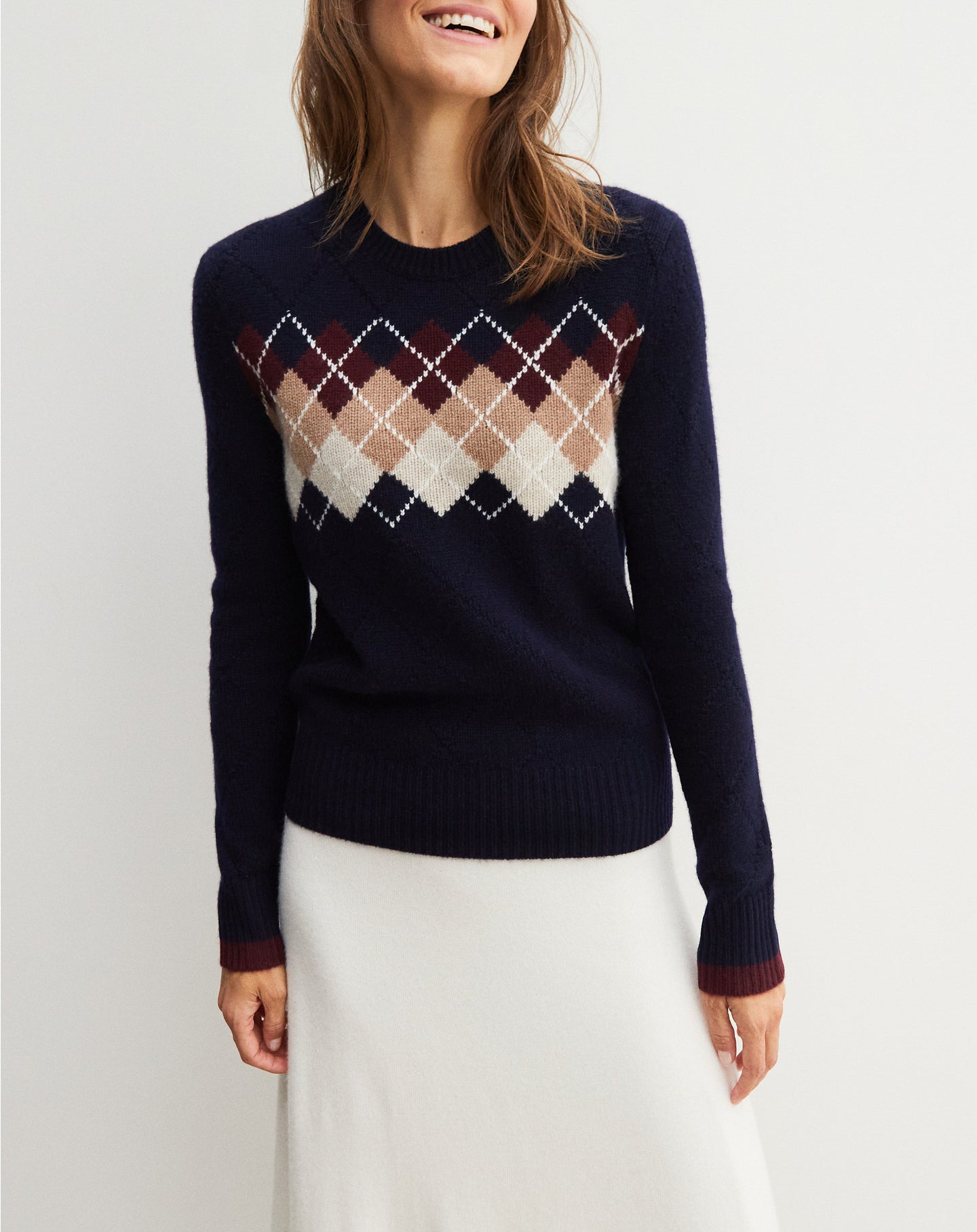 Pull ras de cou Intarsia argyle place en cachemire - Marine