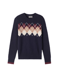 Pull ras de cou Intarsia argyle place en cachemire - Marine