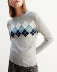 Pull ras de cou Intarsia argyle place en cachemire - Gris Argenté