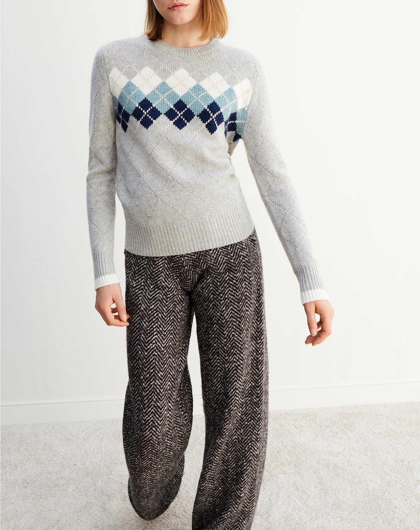 Pull ras de cou Intarsia argyle place en cachemire - Gris Argenté