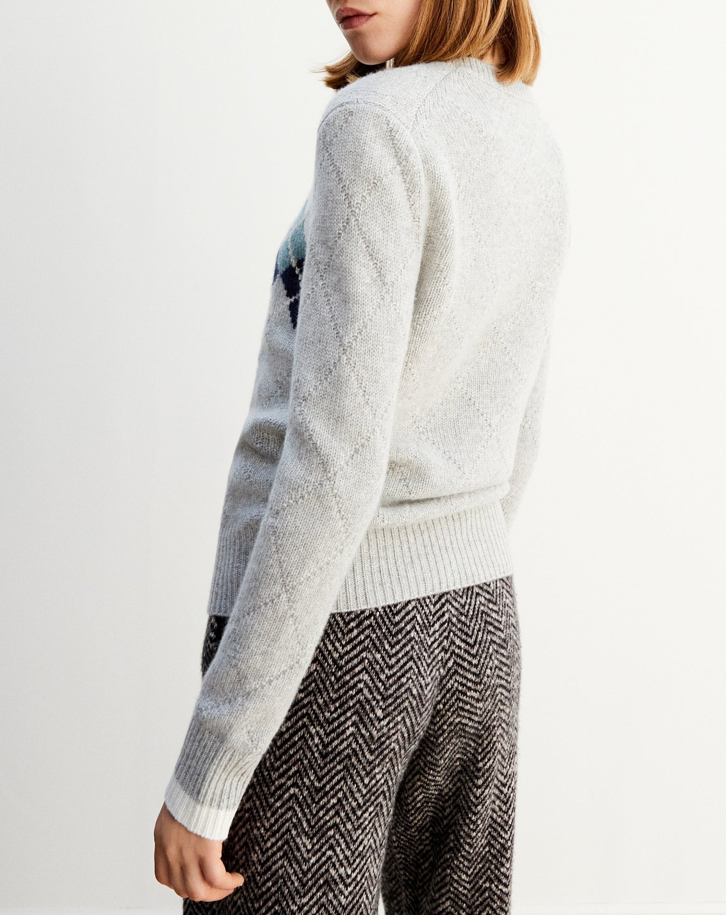 Pull ras de cou Intarsia argyle place en cachemire - Gris Argenté