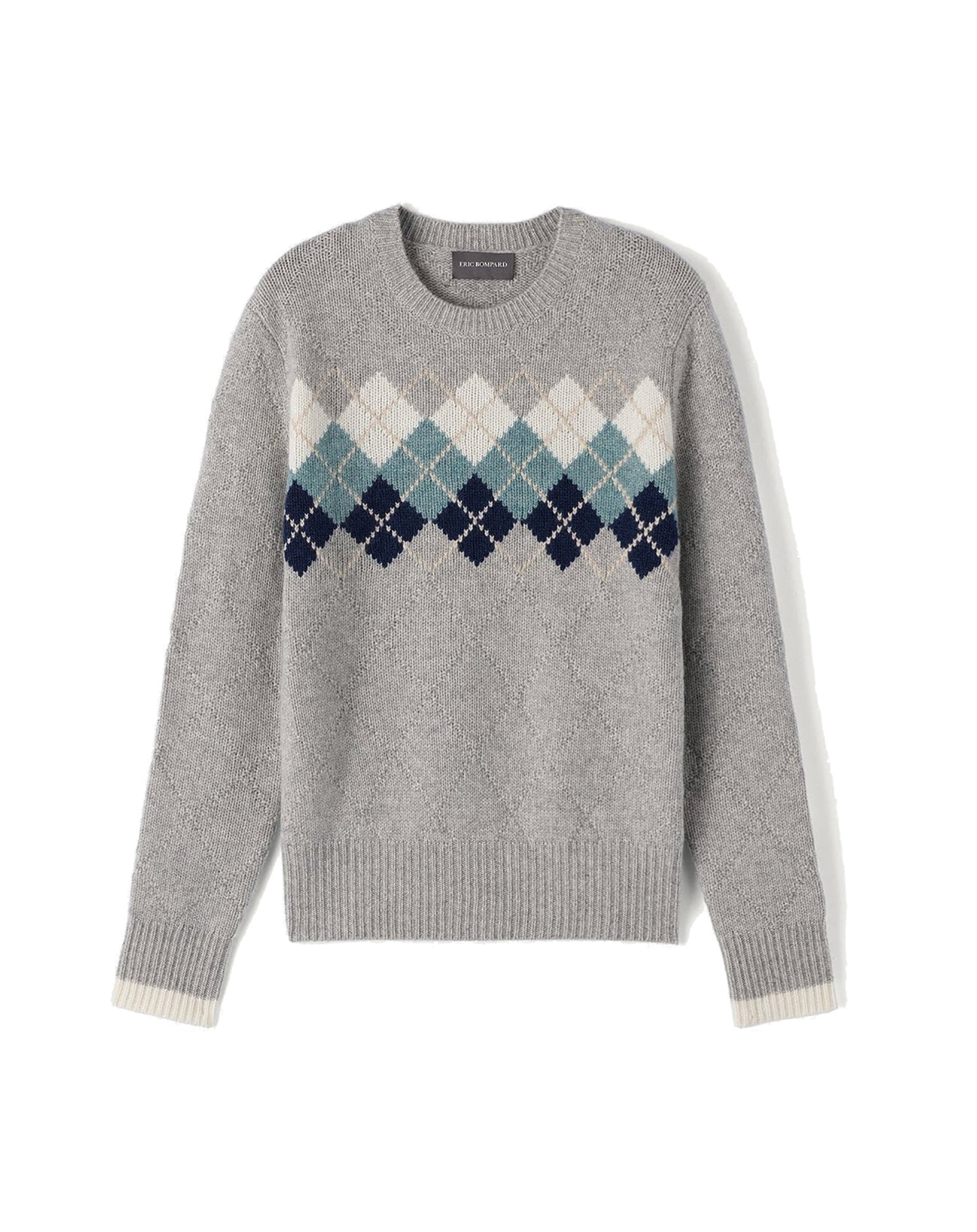 Pull ras de cou Intarsia argyle place en cachemire - Gris Argenté