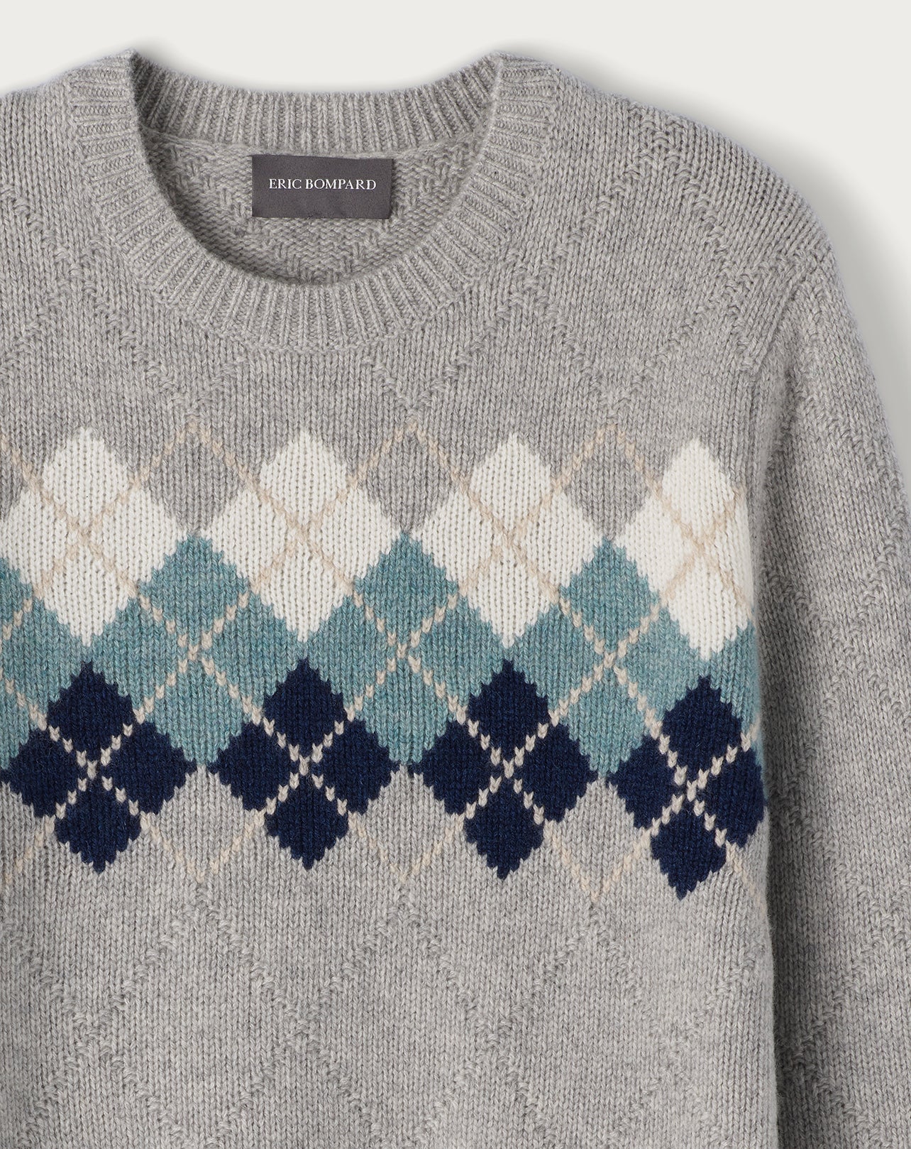 Pull ras de cou Intarsia argyle place en cachemire - Gris Argenté