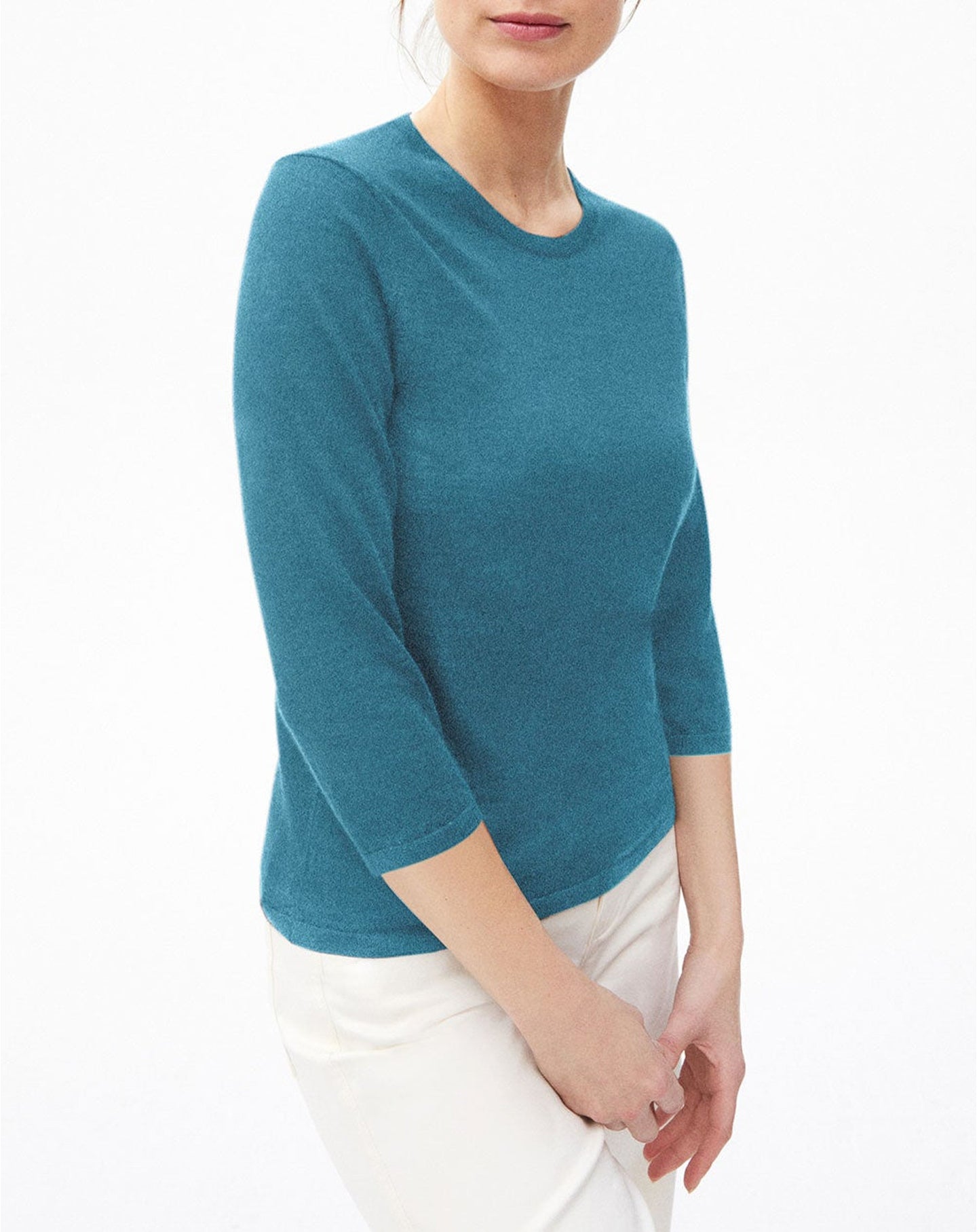 Ultra-fine 3/4-sleeve cashmere and silk crew neck jumper - Vetiver